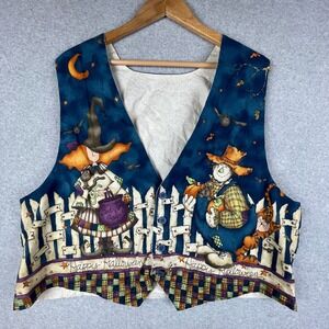 Vintage Halloween Vest Adult Witch Ghosts Moon Scarecrow Bats 3 Button Handmade